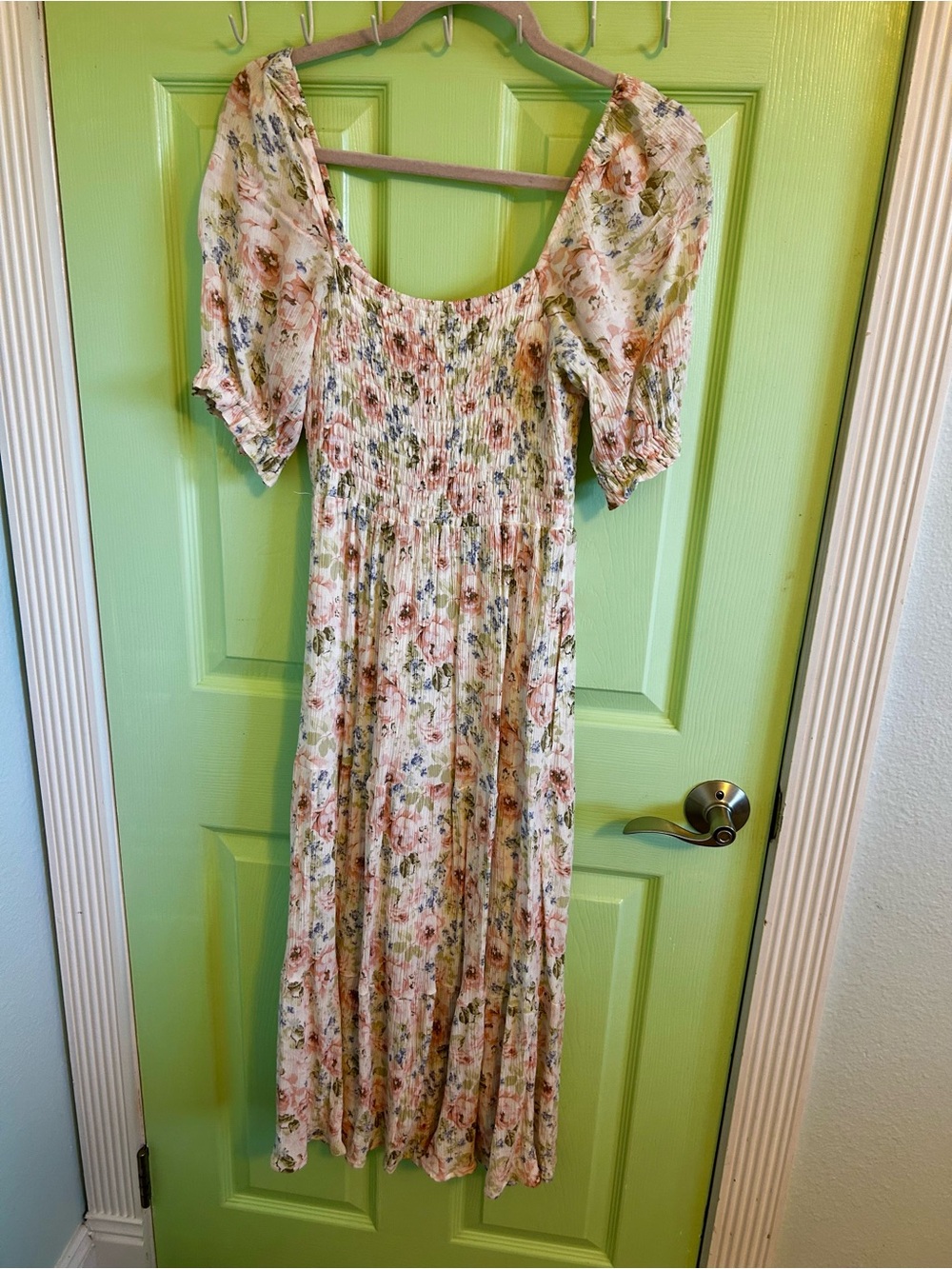 Abercrombie & Fitch Cream Floral Smocked Midi Dress with Pink and Blue Accents - Picture 3 of 5